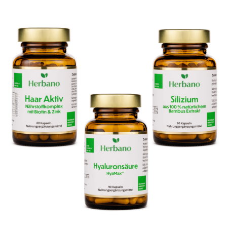 Beauty Paket von Herbano mit Haar Aktiv Nährstoff Komplex, Silizium Kapseln und Hyaluronsäure