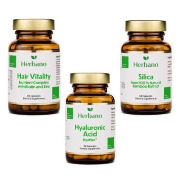 Beauty package from Herbano with hair active nutrient complex, silicon capsules and hyaluronic acid