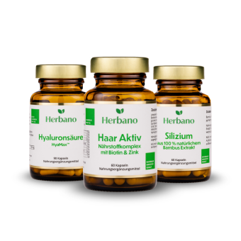 Beauty Paket von Herbano mit Haar Aktiv Nährstoff Komplex, Silizium Kapseln und Hyaluronsäure